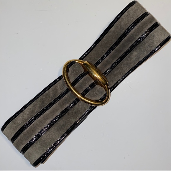 Gucci Grey Suede Black Patent Leather Wide Belt